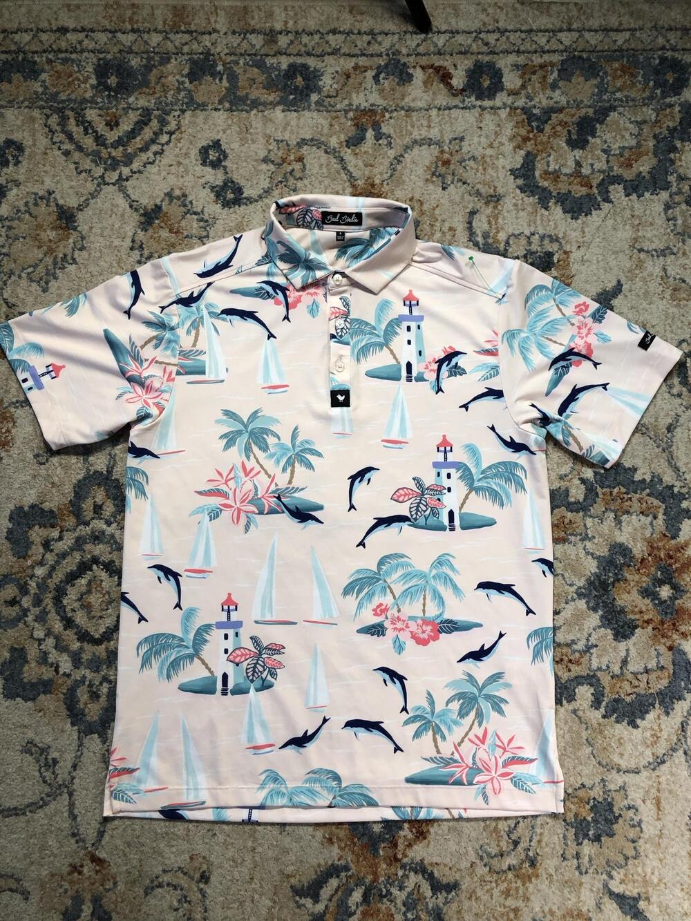 Bad Birdie Polo Shirt Mens Small Pink Lighthouse Dolphin Golf Print Short Sleeve